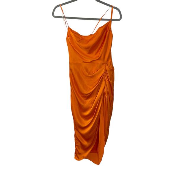 Amanda Uprichard Jasalina Dress Satin 100% Silk Ruched Side Slit Orange Size S - Picture 4 of 10